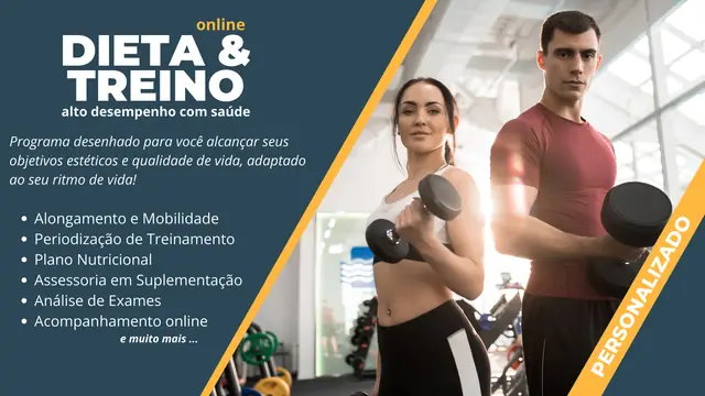 Programa Dieta & Treino online: alto desempenho com saúde, com alongamento e mobilidade, periodização de treinamento, plano nutricional, suplementação, análise de exames e acompanhamento online.